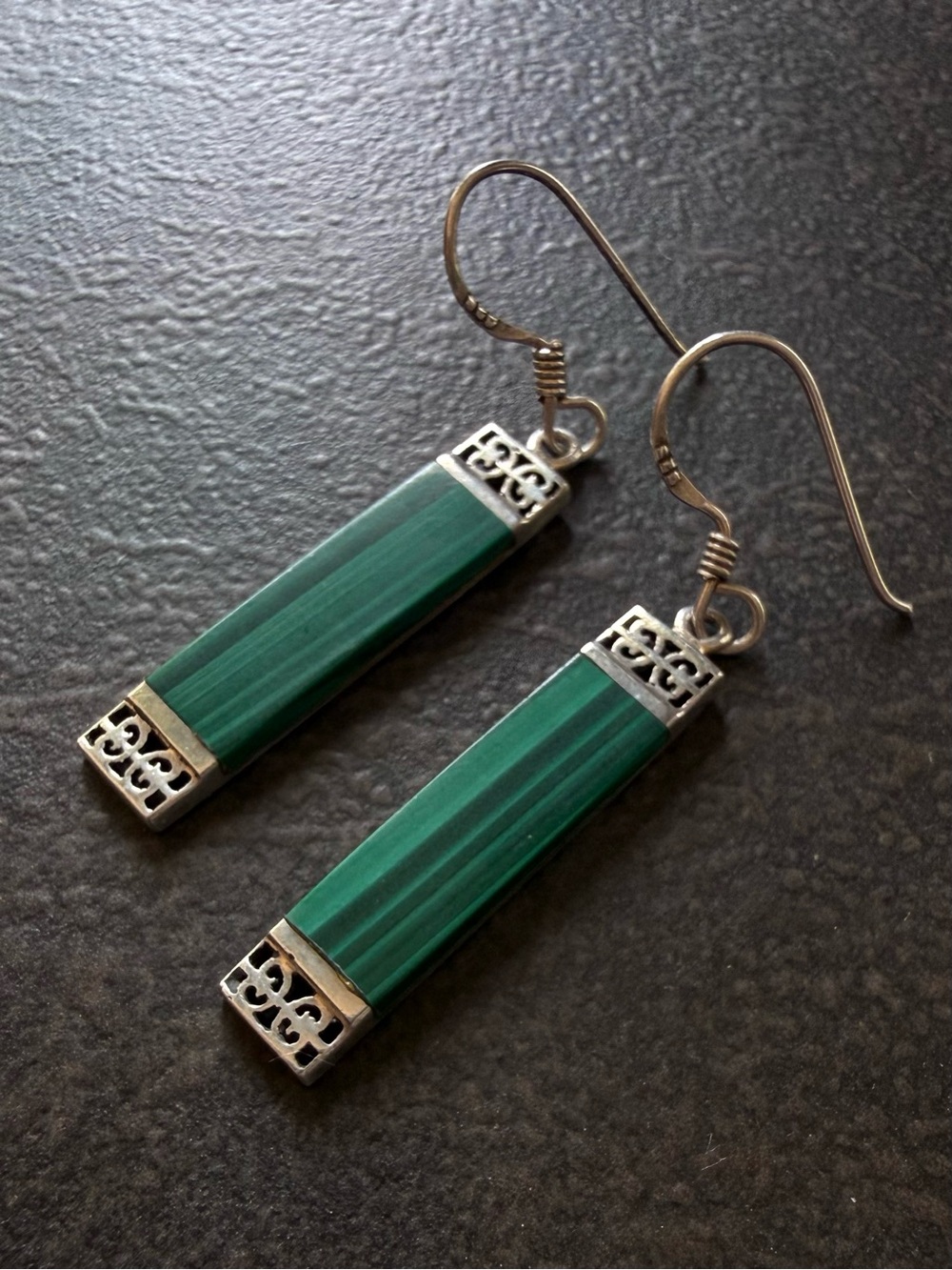 Green Malachite Bar Drop Earrings with Sterling Silver Filigree- Signed Boma